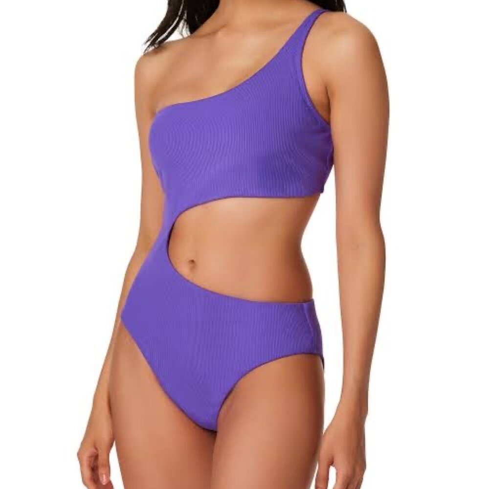Bar III  Purple Micro Rib One-Shoulder Cutout One-Piece Swimsuit Size Medium‎